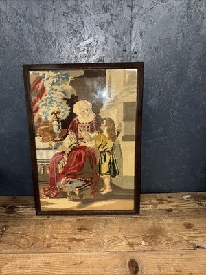 Antikes Wollarbeit Bild Samuel und Eli Bibelgeschichte gerahmtes Bild Muster