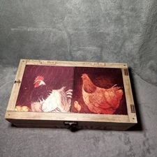 Wood Box With Chickens Home Decor