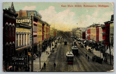 #ad #ad Kalamazoo Michigan East Main Street Downtown City Street Trolley Postcard $5.75