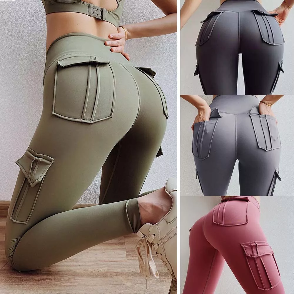 Womens Cargo Yoga Leggings with 4 Pockets High Waist Tummy Control Workout  Pants