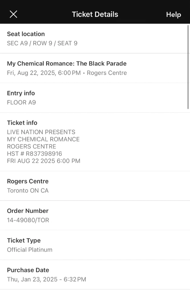 My Chemical Romance floor concert ticket Toronto, Ontario Canada - Image 2 of 2