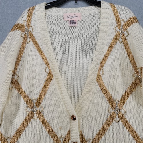 Jaclyn Smith Sweater Women Large Ivory Metallic Gold Beaded V-neck Button Up - Picture 2 of 14