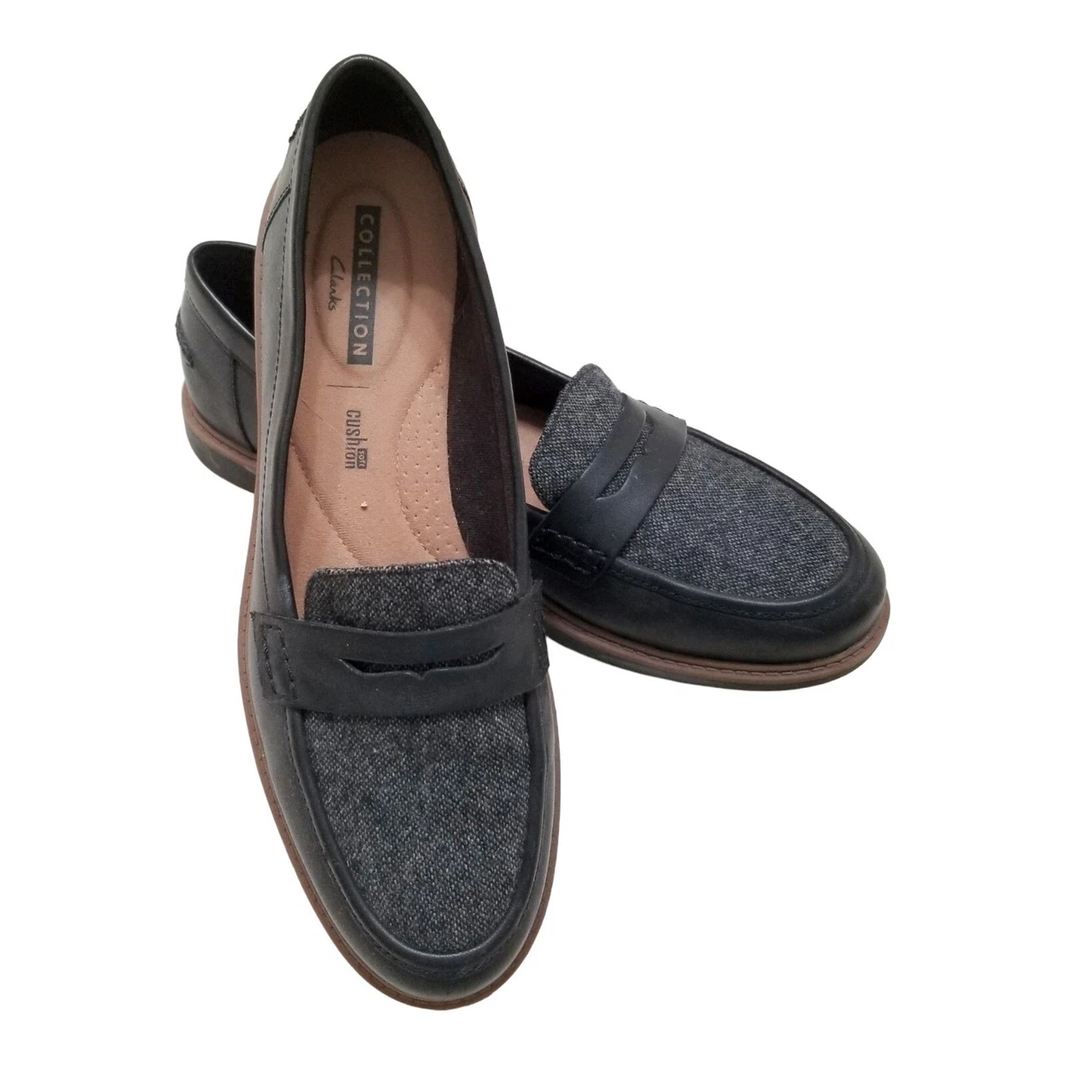 Clarks Raisie Eletta Leather Penny Loafers Shoes Womens 9M Black Tweed Combo
