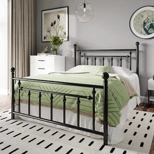 Full Size Metal Bed Frame, Victorian Style Iron-Art Headboard & Footboard, Black