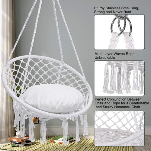 Weißer Hängematte Schaukelstuhl Hängesessel Baumwolle Seil Outdoor Indoor mit Kissen - Bild 2 von 9