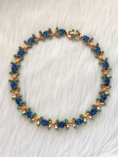 Collana girocollo vintage firmata JOMAZ blu floreale modellato vetro Pechino x link rara - Foto 7 di 16