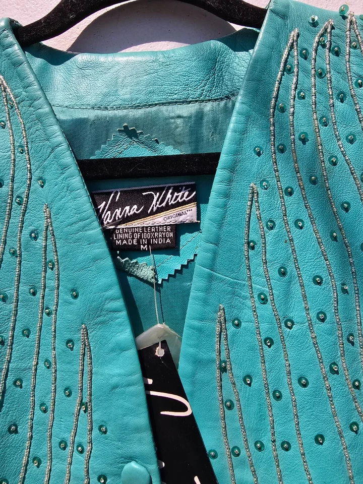 Traje Vanna Blanco Original Cuentas Cuero Turquesa Años 80 Vintage Nuevo Con Etiquetas Foto 4 de 4