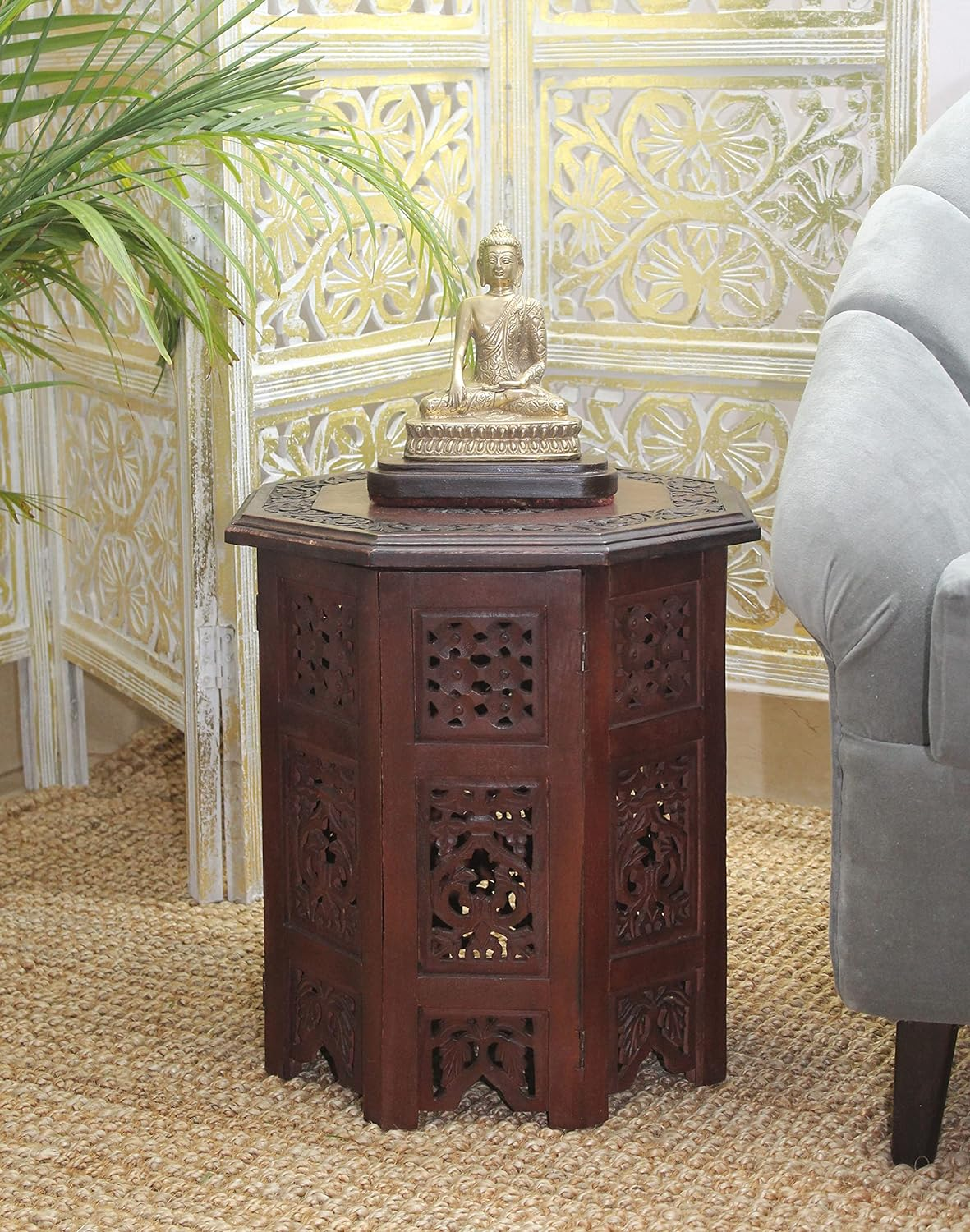 Solid Wood Accent End Table - Hand Carved Vintage Boho Folding Side ...