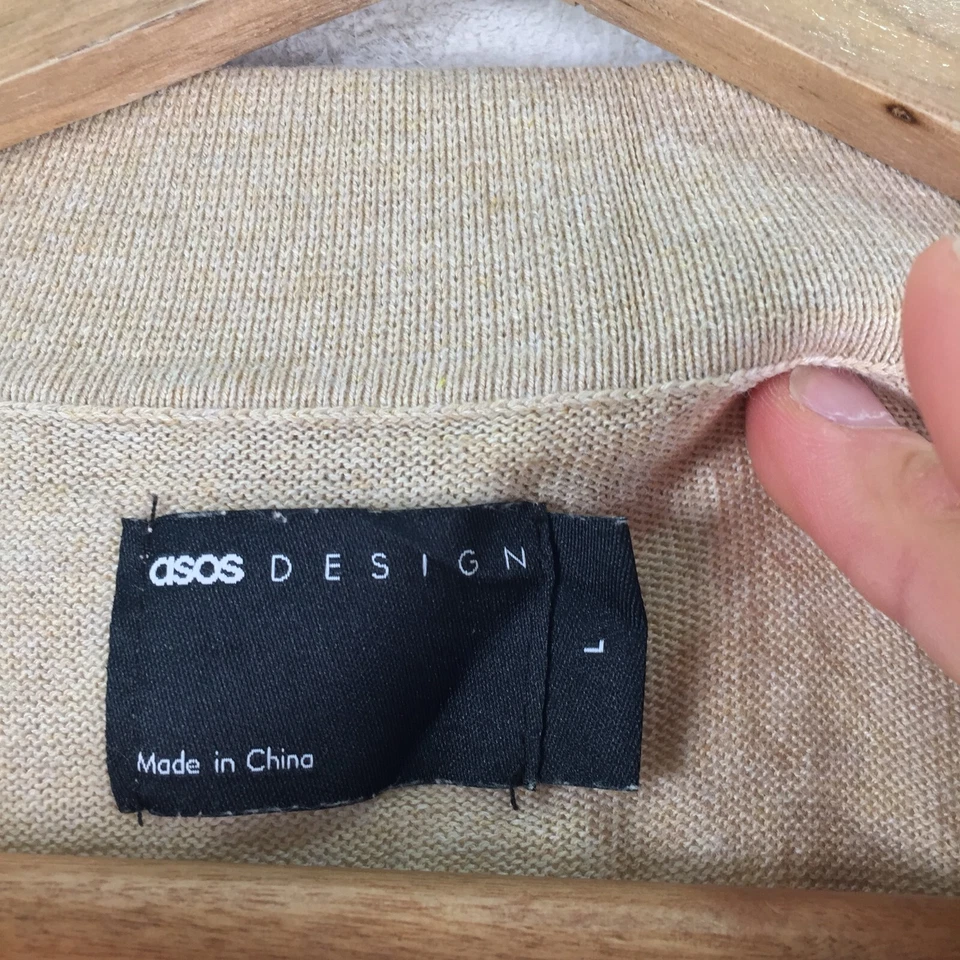 Asos mens knit button up shirt size L beige short sleeve cotton slim 108089 - Image 3 of 4