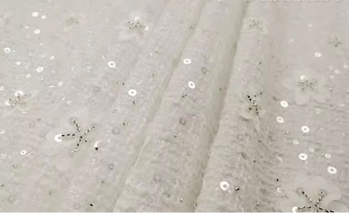 Tela bordada de lentejuelas de tweed blanco de lujo de 3 yardas tela de malla de lentejuelas florales - Imagen 6 de 8