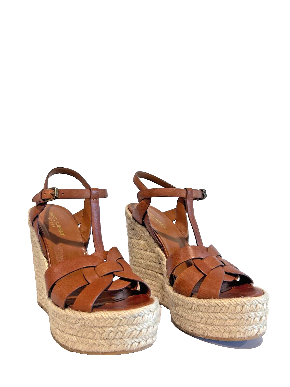 Saint Laurent Tribute Espadrillas 85 sandalo marrone cinturino alla caviglia plateau zeppa 40 5