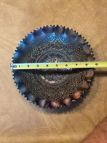 Pretty Blue Northwood Carnival Glass Hearts & Flowers Ruffled Bowl - Picture 13 of 17