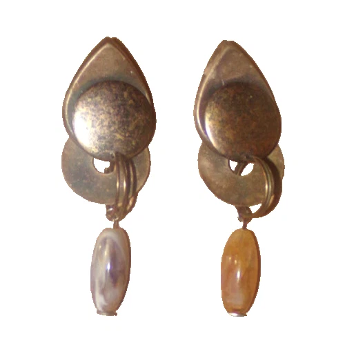 vintage KATE HINES mcm big chunky AGATE bronze CLIP dangle long metal EARRINGS - Image 3 of 4