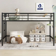 Twin Size Metal Loft Bed Frame with Easy Climbing Ladder and Guardrails for Kids