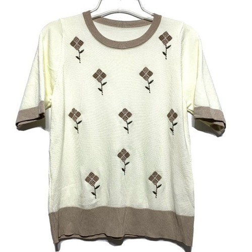 Elfenbein hellbraun Blumenmuster Oberteil Kurzarm Pullover Größe Large Landhaus Oma leicht
