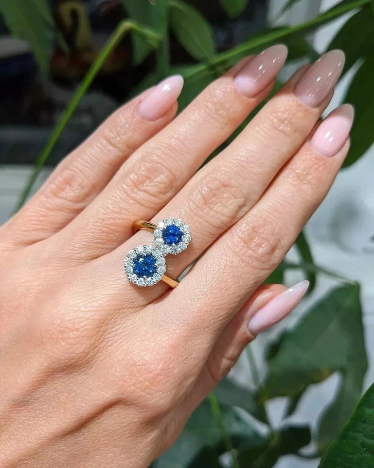 Anillo bypass de boda para mujer enchapado en oro amarillo de 14 k zafiro simulado redondo de 2 quilates Foto 3 de 4