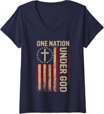 Patriotic Christian One Nation Under God Flag 4th Ladies' V-Neck Tshirt