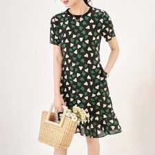 Women's Round Neck 100% Real Silk Pattern Short Dress A Line Summer Short Sleeve