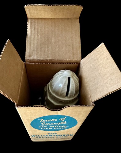 Vtg Williamsburgh Savings Bank Tower Of Strength Coin Bank/Pen Holder Orig. Box - Picture 12 of 12