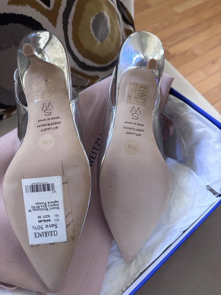 Zapatos de salón Stuart Weitzman Eva 50 de cuero con cordones para mujer 5,5 punta plateada en punta Foto 3 de 4