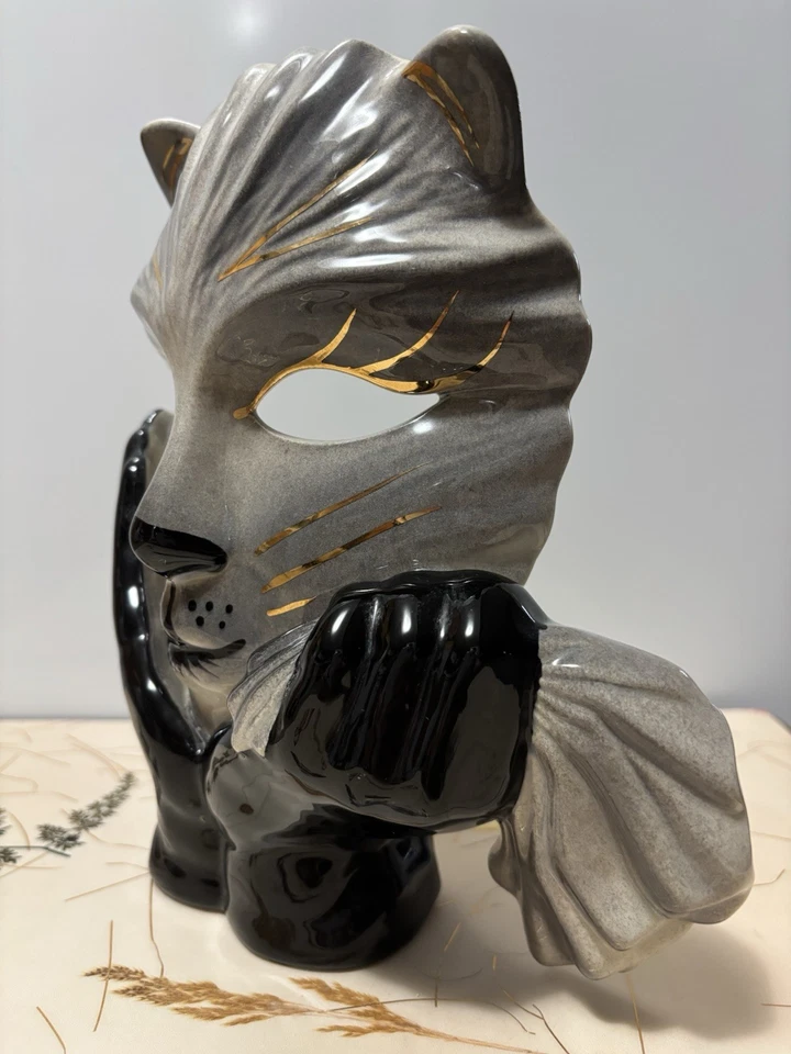 Candelabro Máscara Mardi Gras Gato Cerámica Vintage Años 80? Firmado pintado a mano Foto 4 de 4