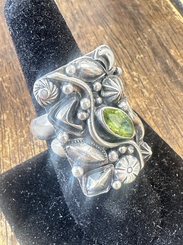 Vintage Nakai Navajo Sterlingsilber Peridot Floral RING verstellbar Größe 7,5 - Bild 6 von 15