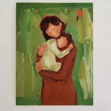 Mother with Baby Painting Original Oil Art Multicolor Modern Wall Small Painting