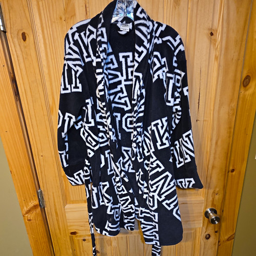 PINK Women’s Fleece Kimono Robe Black/White Logo Collared Tie Belted M