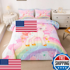 Feelyou Unicorn Girls Queen Comforter Set Rainbow Kids Pink Bedding