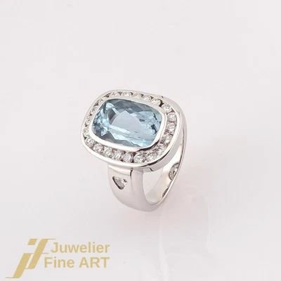 Bague - 1 aigue-marine & 23 diamants taille 1,20 ct - or blanc 18 carats/750 ... - Photo 1/4