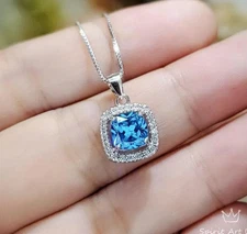 Minimalist Blue Topaz Necklace Sterling Silver Tiny Halo Square Solitaire Tiny