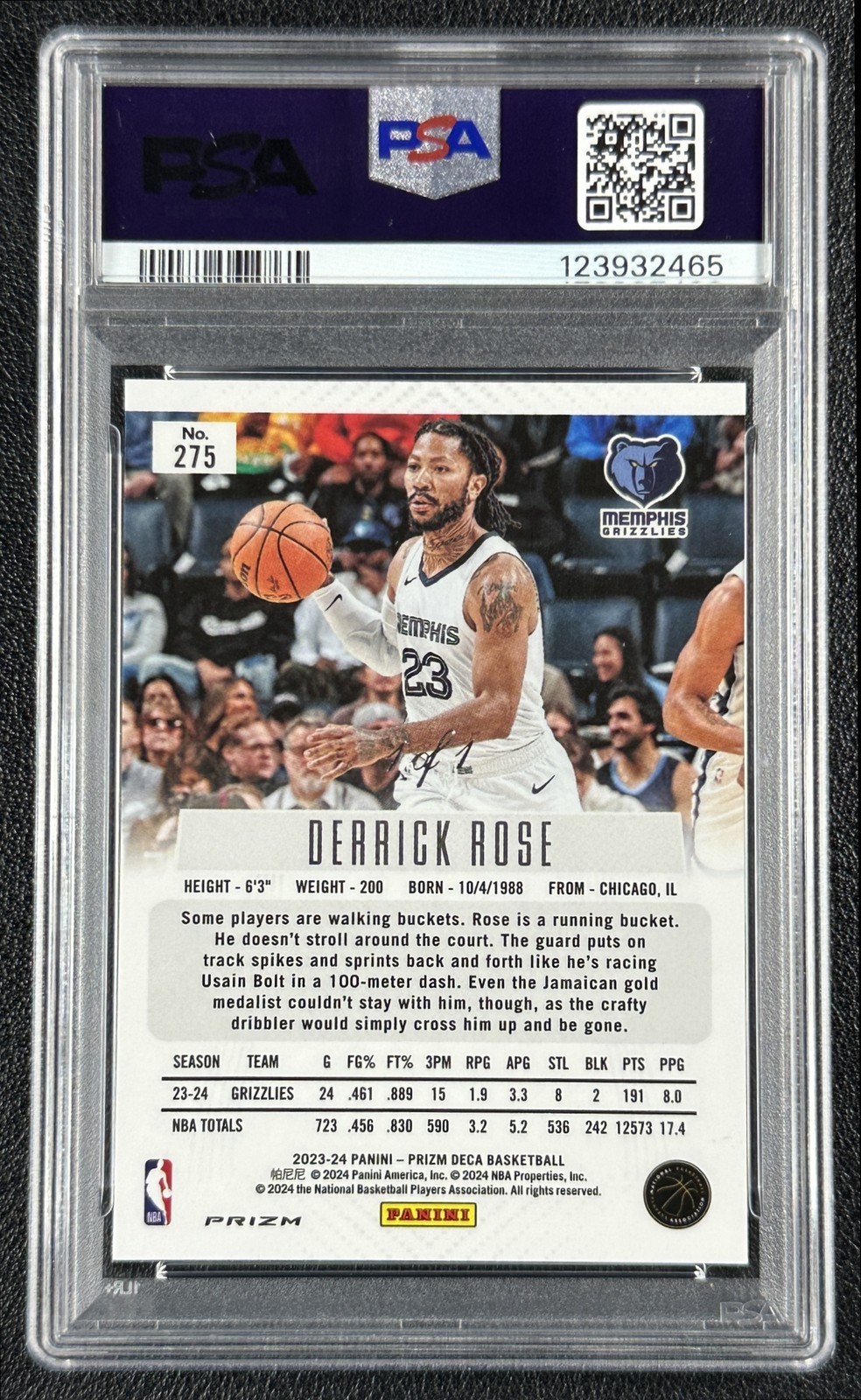 1/1 DERRICK ROSE PSA 9 2023-24 PANINI PRIZM DECA #275 TRUE BLACK PRIZMS 1/1 view 2