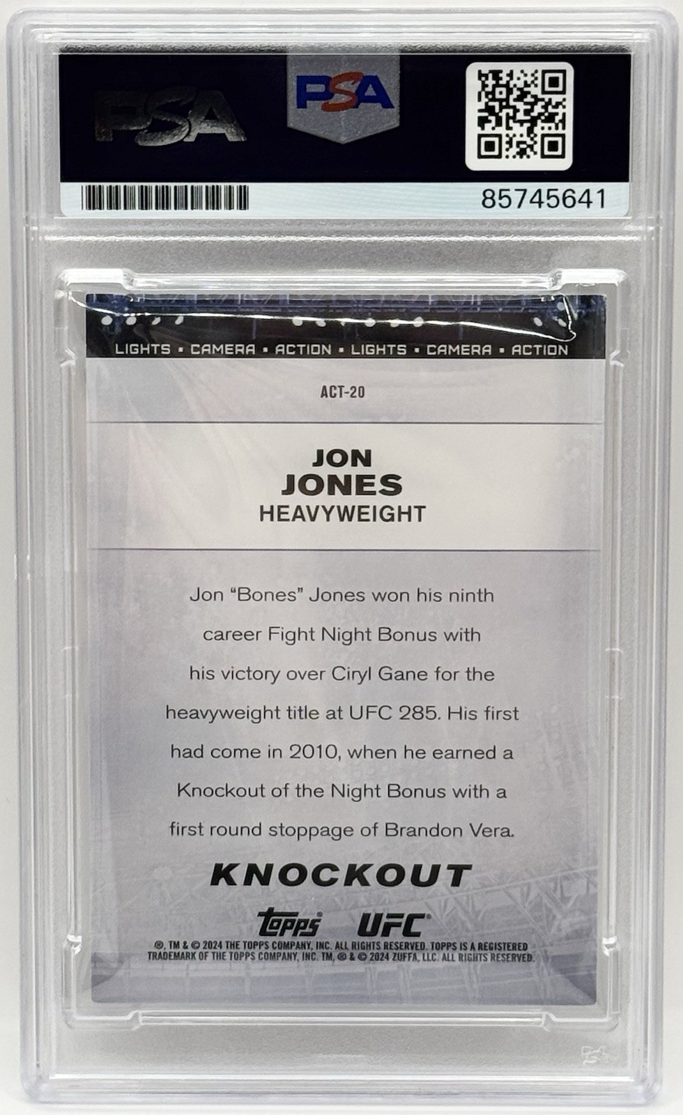 Jon Bones Jones Signed 2024 Topps Knockout Lights Camera Action UFC Card PSA/DNA view 2