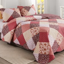 Qucover Farmhouse Quilt Set Queen Size, 3 Piece Red Patchwork Bedspread with ...