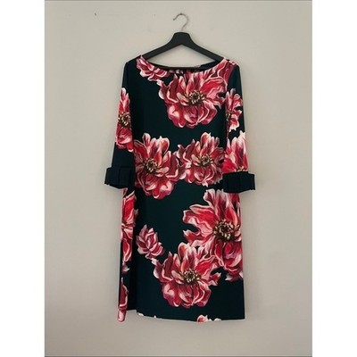 Vera Mont Navy Red Floral Shift Dress with Pleated Cuffs NWT