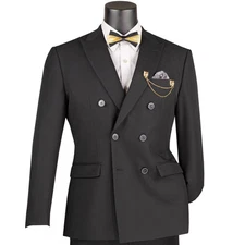 VINCI Men's Black Stretch Slim-Fit Double-Breasted Suit w/ Flex Waistband - NEW