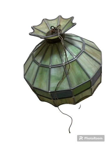 Vintage Tiffany Style Green Slag Glass Hanging Swag Lamp Pendant Lights & Hookup