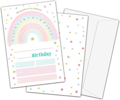 Rainbow Birthday Invitations, Colorful Pastel Party Invite Cards for Kids