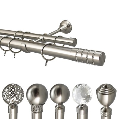 Metall Doppelvorhang Stange Set 28/19 mm Stangen gebürstet Chrom Superior 60 mm Finale