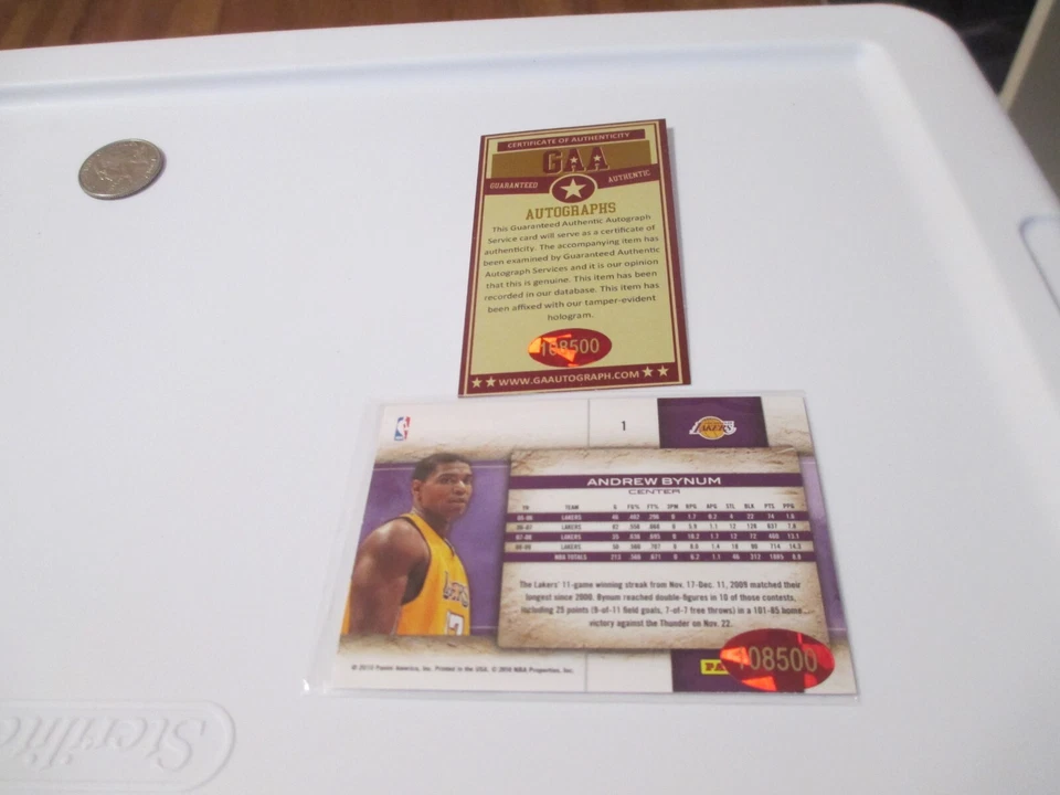 2010 Panini Andrew Bynum Los Angeles Lakers Autographed Basketball Card - Image 2 of 2