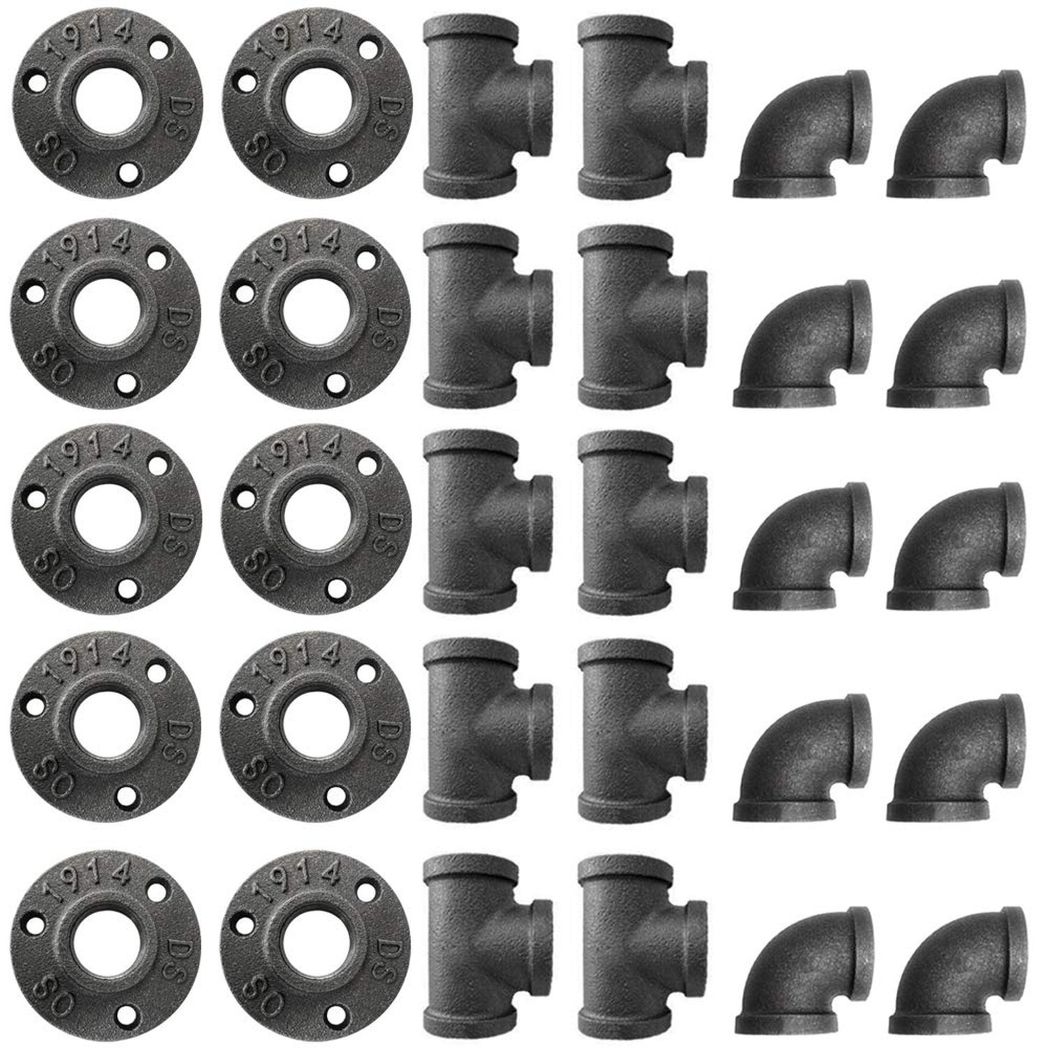 Alffun 3/4 Inch Black Malleable Iron Cast Pipe Fitting Flange Tees Elbow for DIY