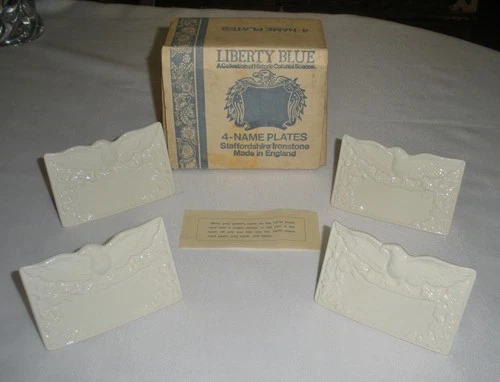 Staffordshire Liberty Blue Name Plate/Holder  Set of 4 in Original Box
