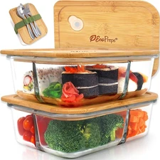 Large Glass Bento Box Containers with Bamboo Lids, 3 Compartment Glass Meal P...