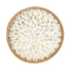 11.8 in Round Rattan Tray with Mother of Pearl Inlay, Golden Wicker Tray