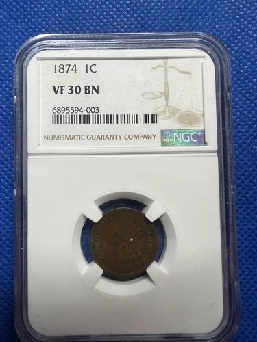 1874 Indian Head Penny IHP 1c Cent NGC VF30 BN #H12