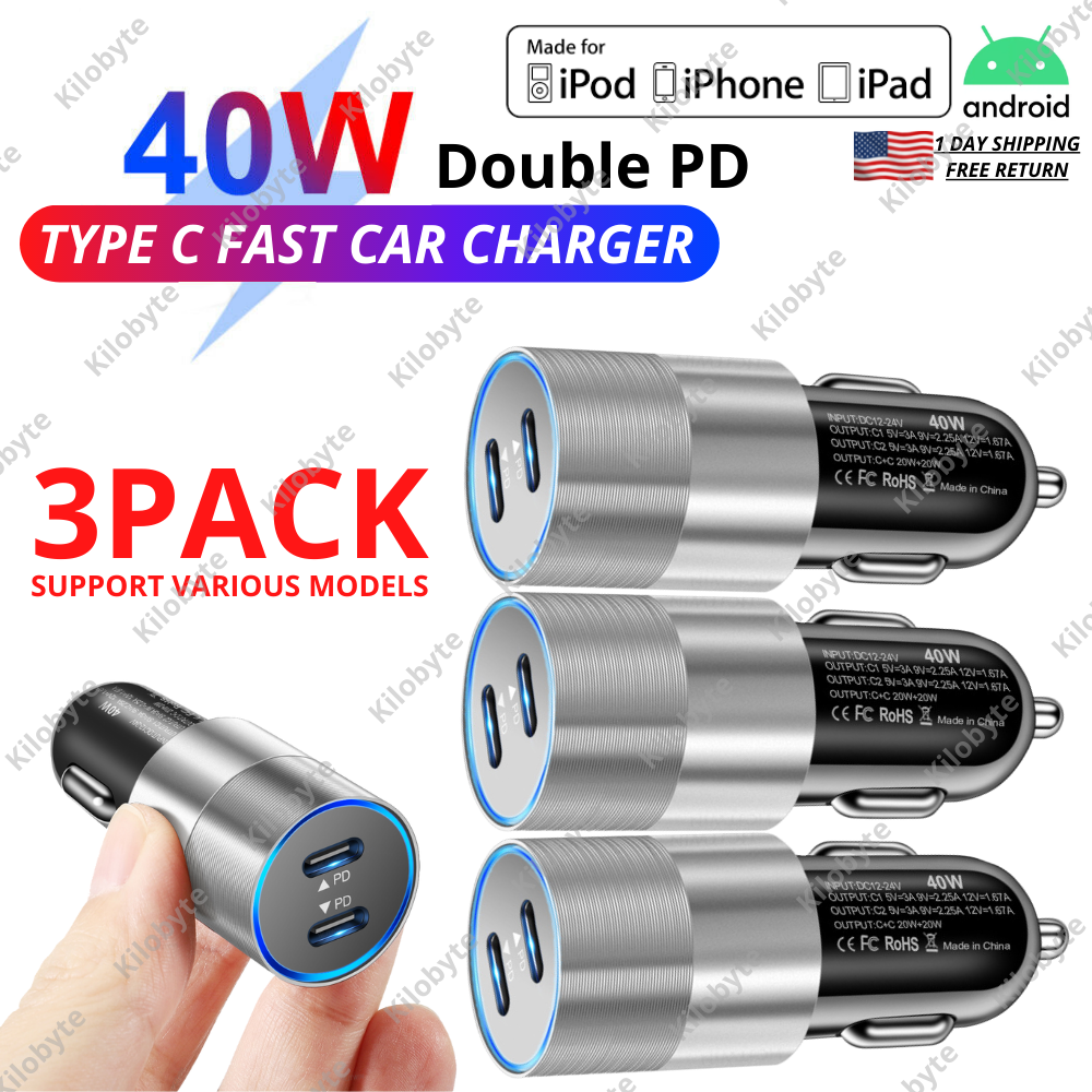 40W Car Charger For iPhone Samsung Type C Phone Fast Charge Dual PD Port Adapter