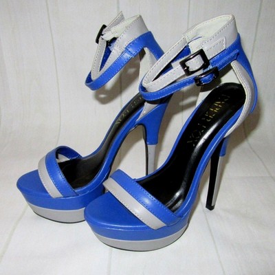 Paper Fox Nanine Blue and Gray Open Toe Stiletto Heels