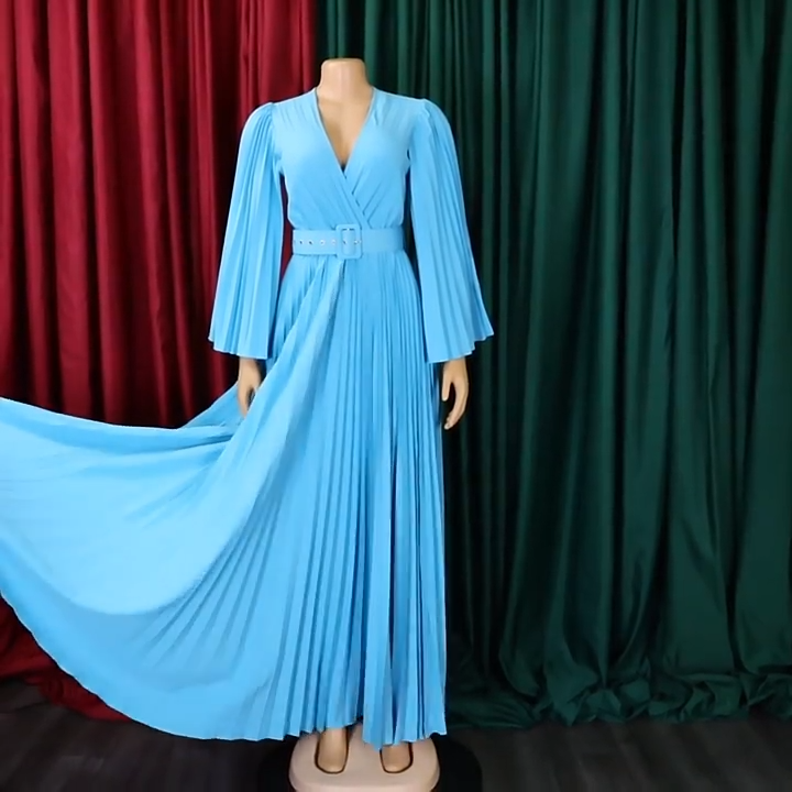 Women's Chiffon Maxi Dress High Waist Pleated Belted Party