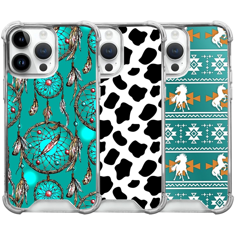 For [iPhone SE/12/13/14/15/16 Pro Max] Cow Teal Western Clear Bumper Case
