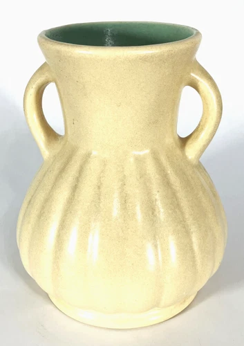 VTG 6" Vase Art Deco Rumrill (Red Wing) Double-Handle 320 Yellow/Green Pottery
